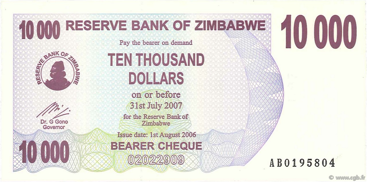10000 Dollars ZIMBABWE  2006 P.46b UNC-