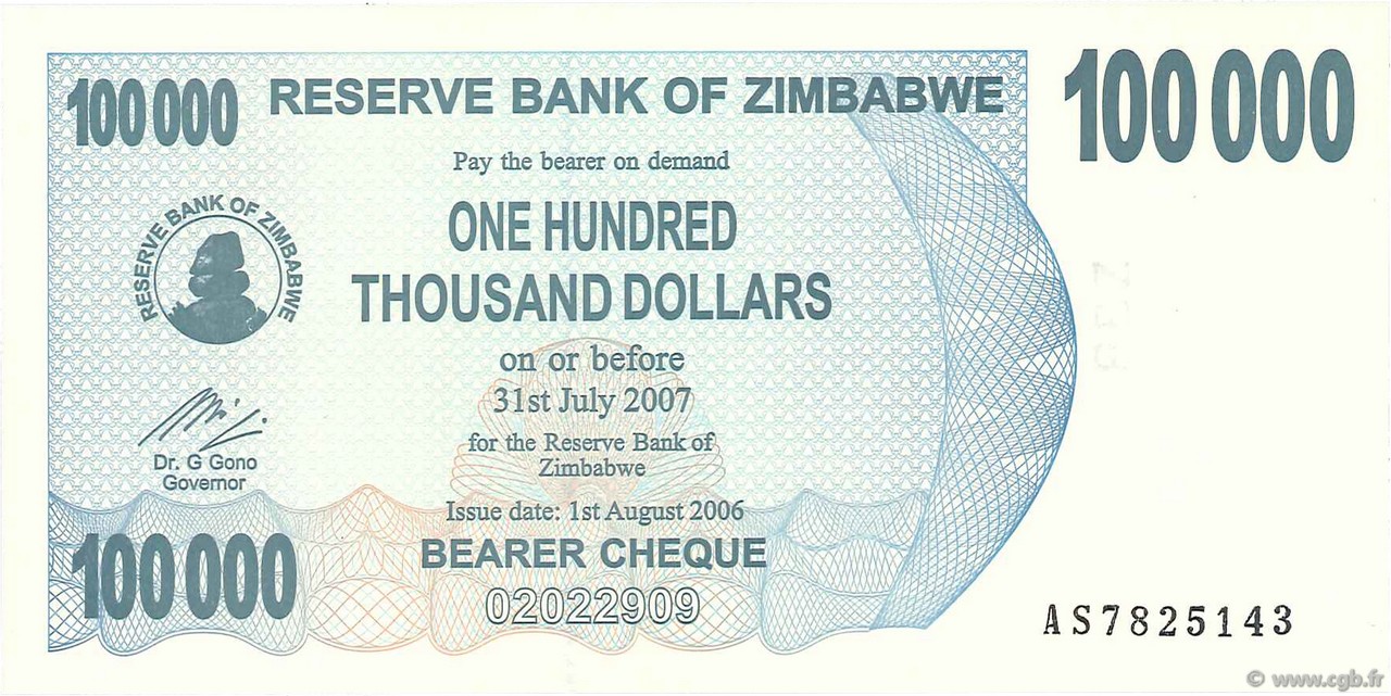 100000 Dollars ZIMBABWE  2006 P.48b UNC