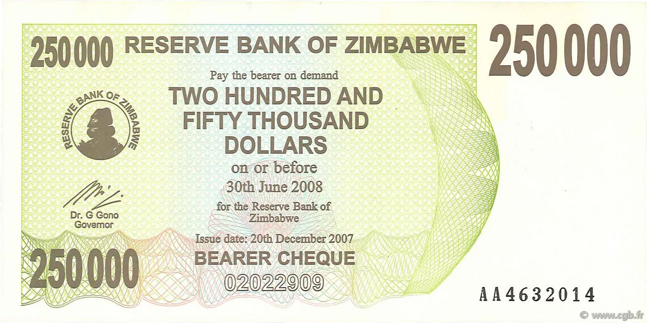 250000 Dollars ZIMBABWE  2007 P.50 AU