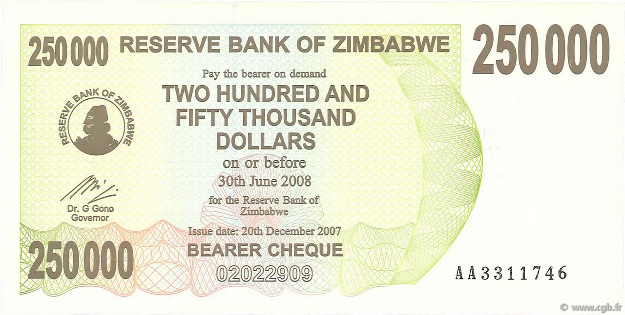 250000 Dollars ZIMBABWE  2007 P.50 UNC