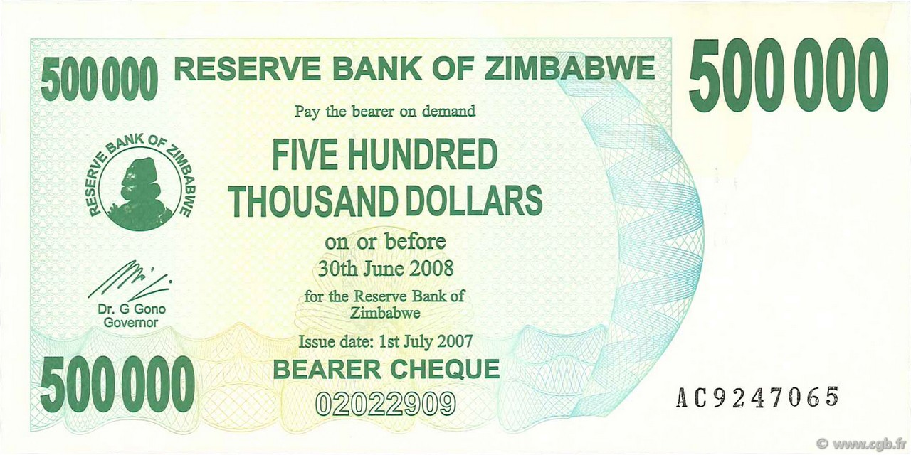 500000 Dollars ZIMBABWE  2007 P.51 UNC-