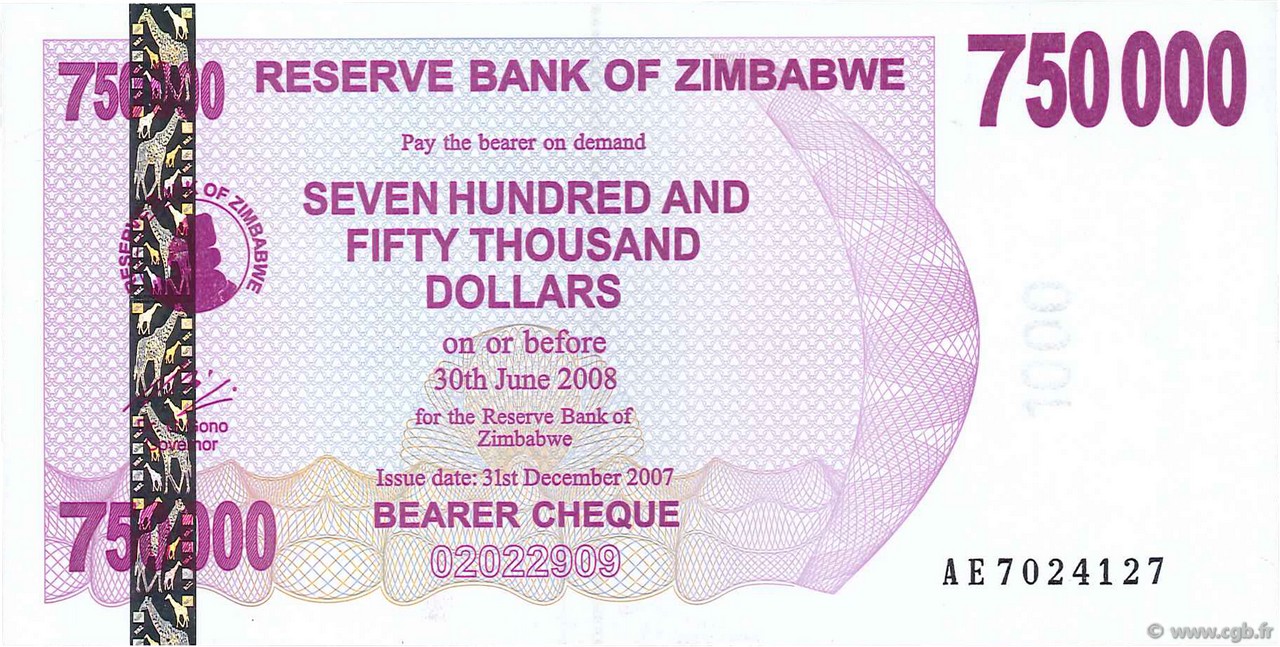750000 Dollars ZIMBABUE  2007 P.52 FDC