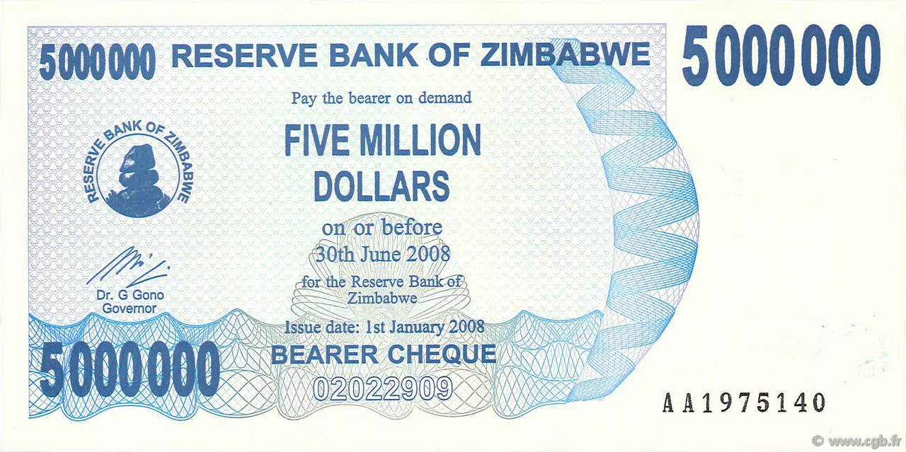 5000000 Dollars ZIMBABWE  2008 P.54 UNC-