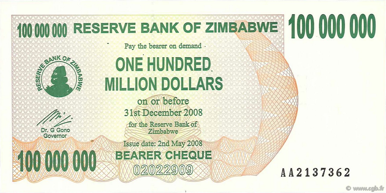 100 Millions Dollars ZIMBABUE  2008 P.58 SC+