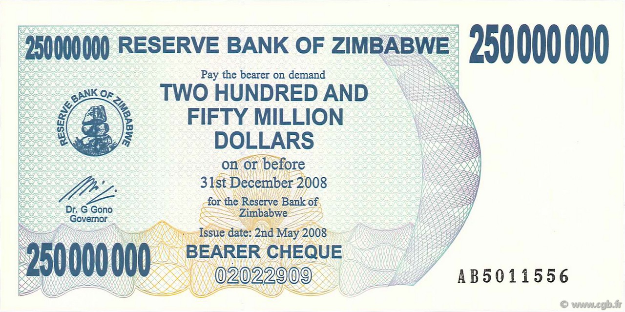 250 Millions Dollars ZIMBABWE  2008 P.59 q.FDC