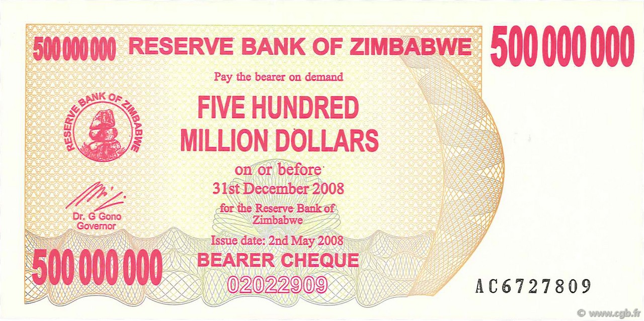 500 Millions Dollars SIMBABWE  2008 P.60 ST