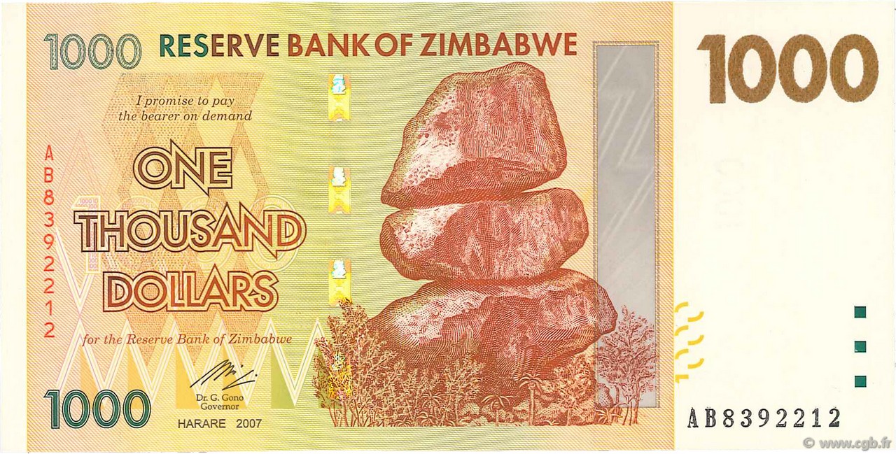 1000 Dollars ZIMBABUE  2007 P.71 FDC