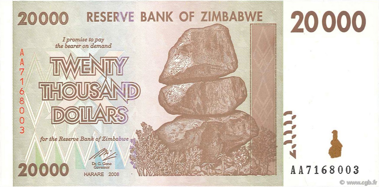 20000 Dollars ZIMBABWE  2008 P.73a UNC
