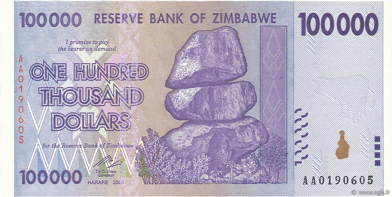 100000 Dollars ZIMBABWE  2008 P.75 NEUF