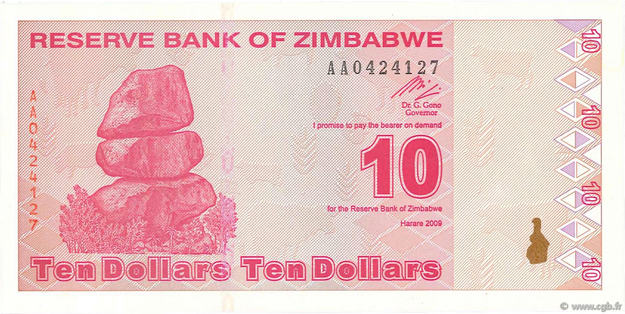 10 Dollars ZIMBABWE  2009 P.94 NEUF