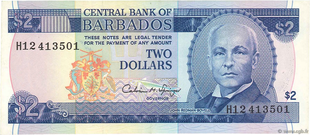 2 Dollars BARBADOS  1986 P.42 MBC+