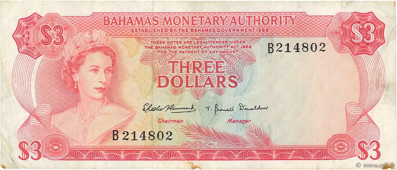 3 Dollars BAHAMAS  1968 P.28a BB