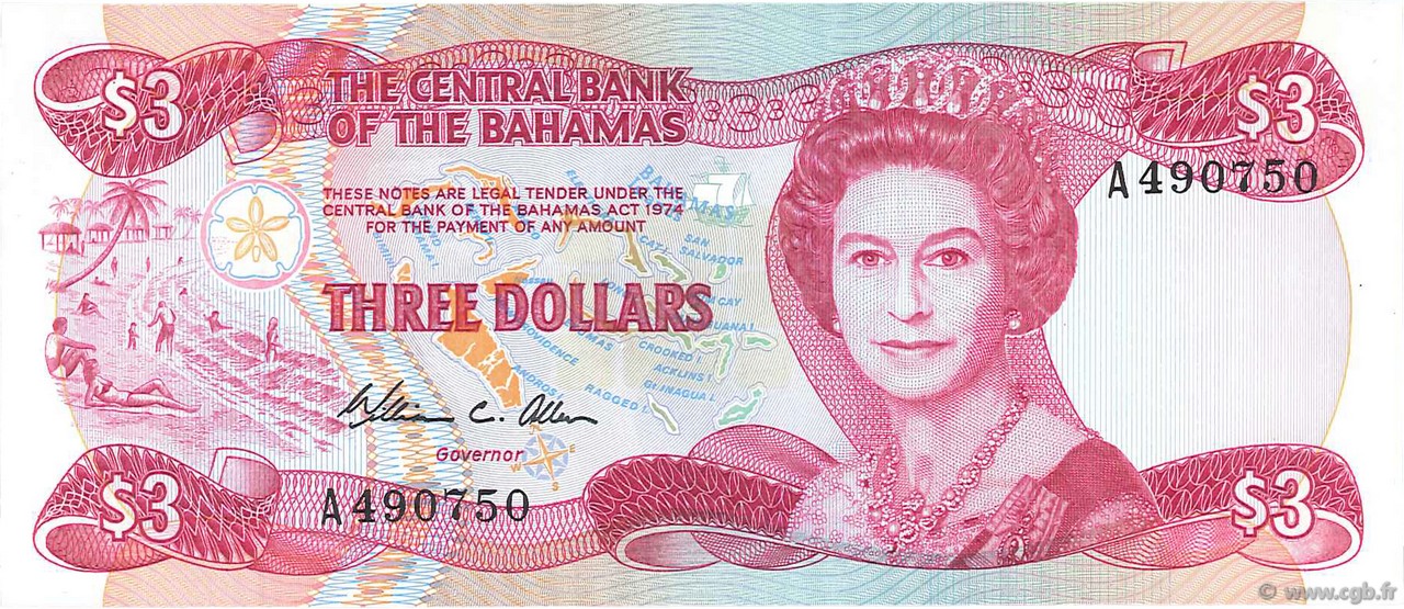 3 Dollars BAHAMAS  1974 P.44a UNC