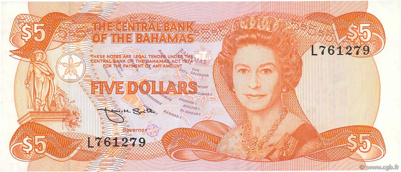 5 Dollars BAHAMAS  1974 P.45b MBC+