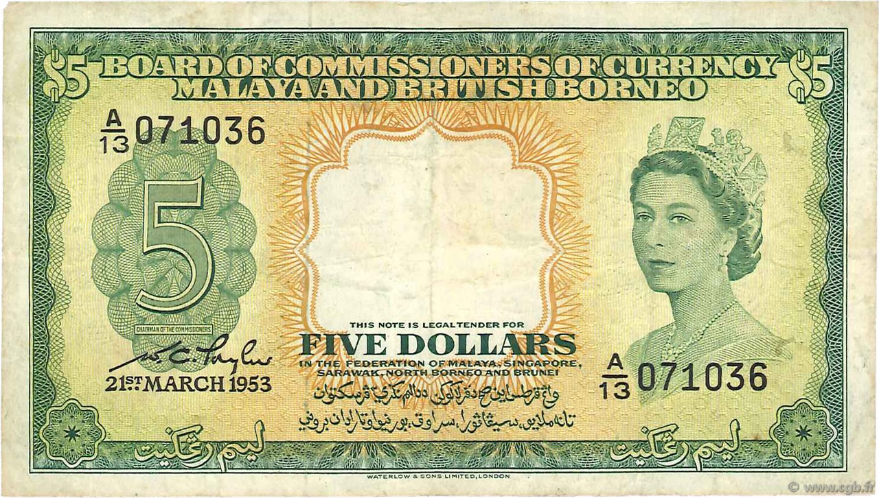 5 Dollars MALAISIE et BORNEO BRITANNIQUE  1953 P.02a TB+