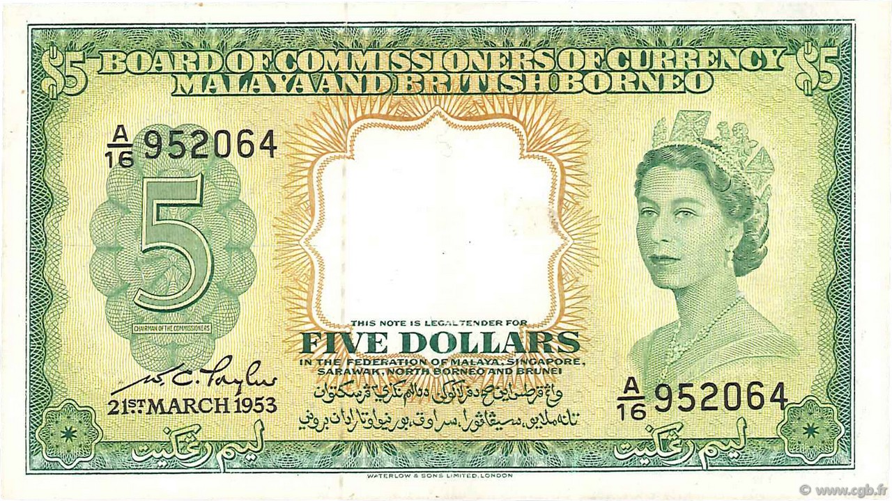 5 Dollars MALAISIE et BORNEO BRITANNIQUE  1953 P.02a TTB