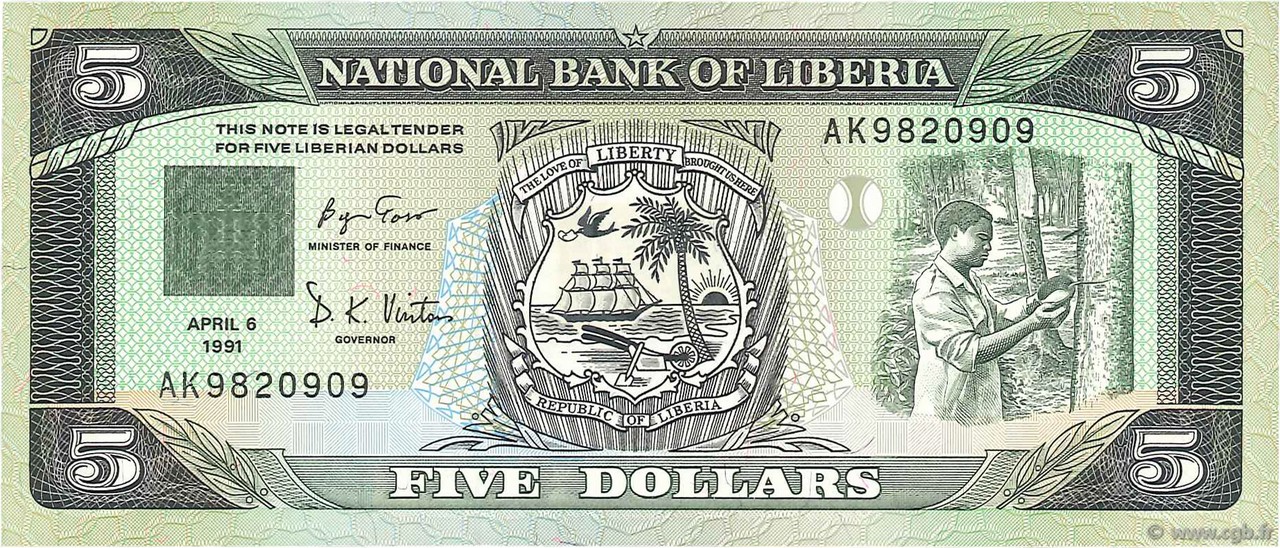 5 Dollars LIBERIA  1989 P.20 UNC