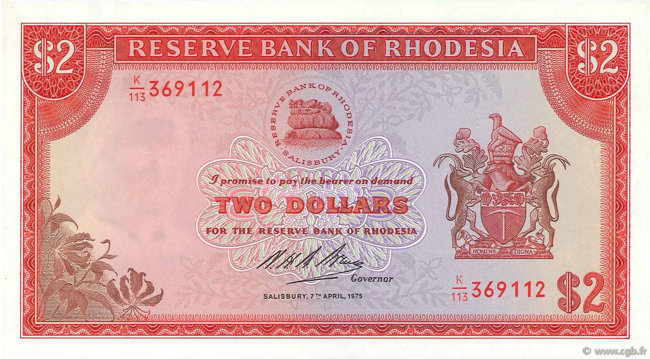 2 Dollars RODESIA  1975 P.31k FDC