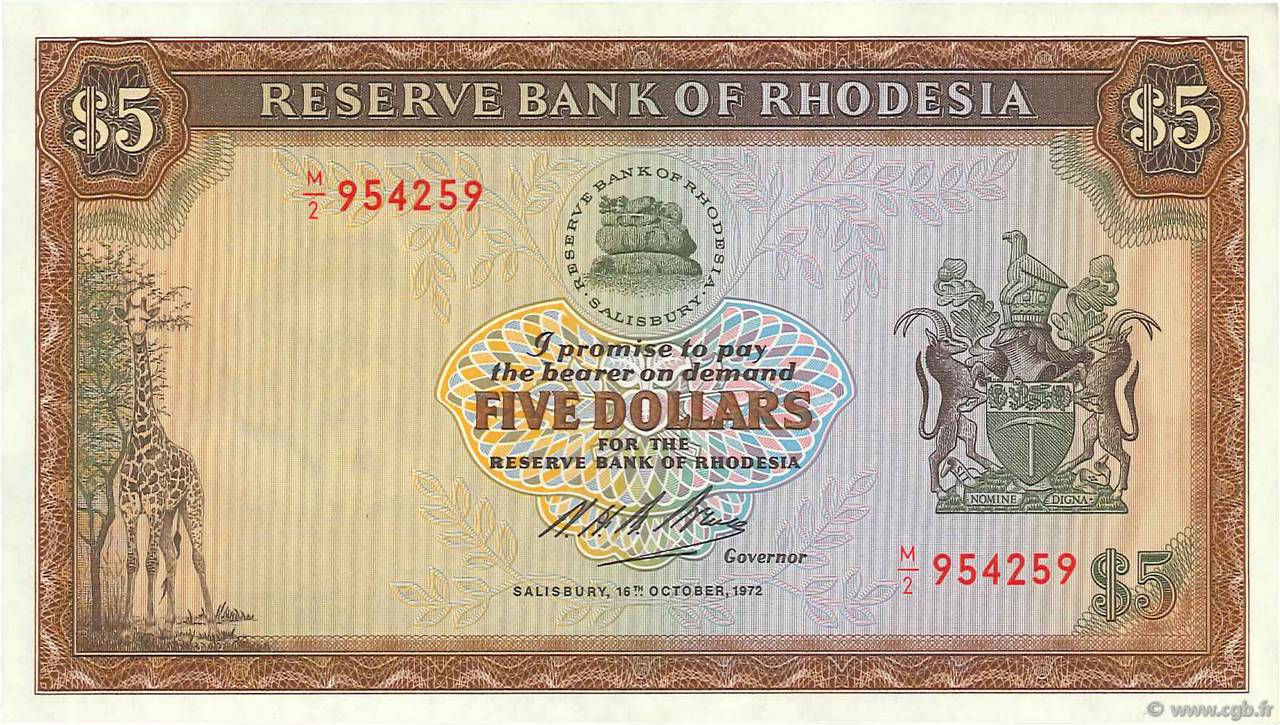 5 Dollars RHODÉSIE  1972 P.32a SPL
