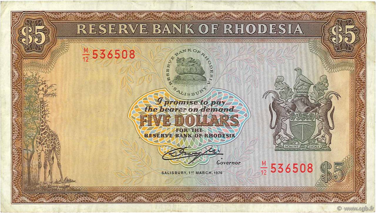 5 Dollars RHODESIA  1976 P.36a q.BB