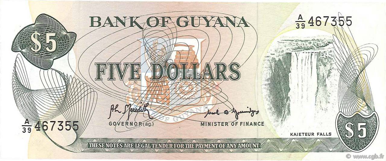 5 Dollars GUYANA  1992 P.22f q.FDC