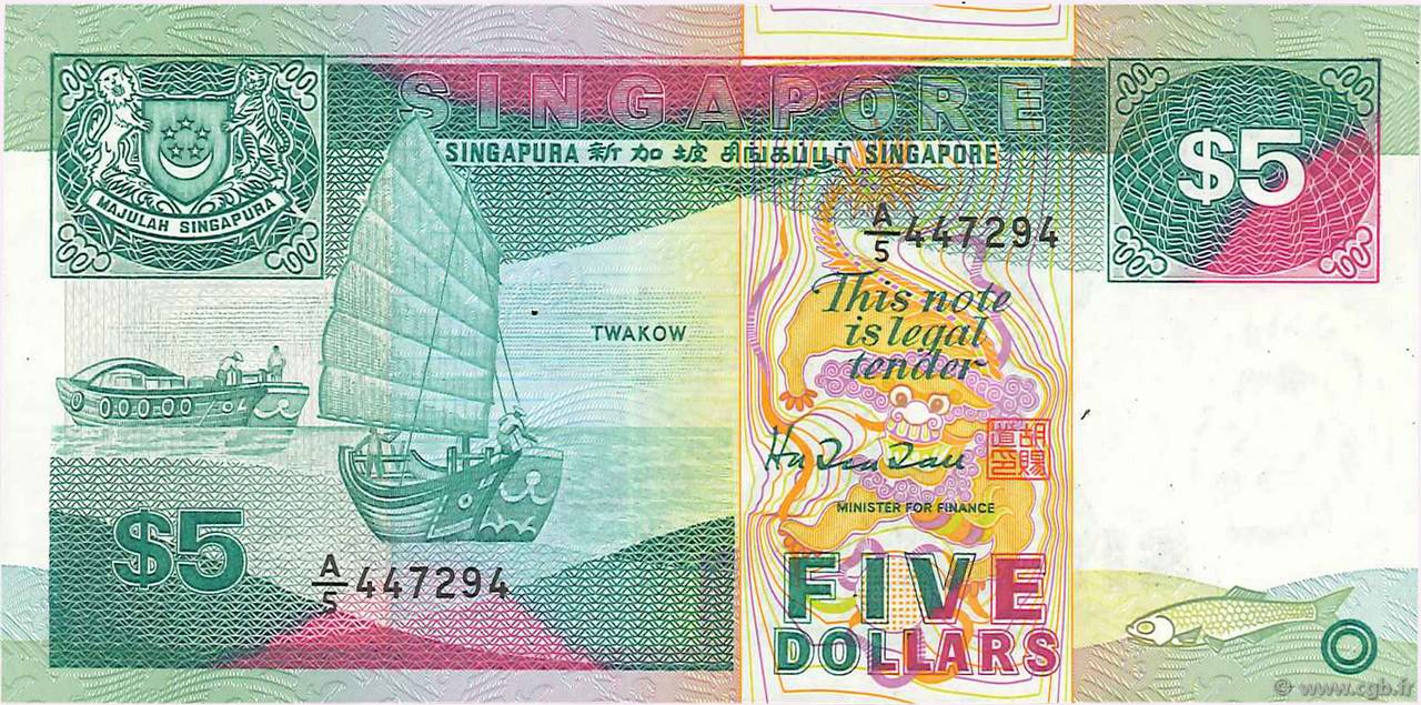 5 Dollars SINGAPORE  1989 P.19 XF