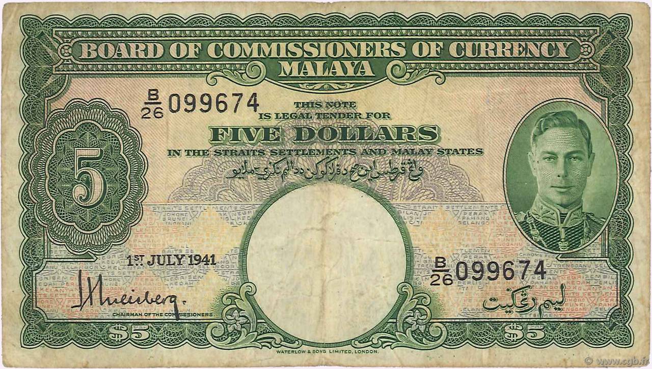5 Dollars MALAYA  1941 P.12 RC+