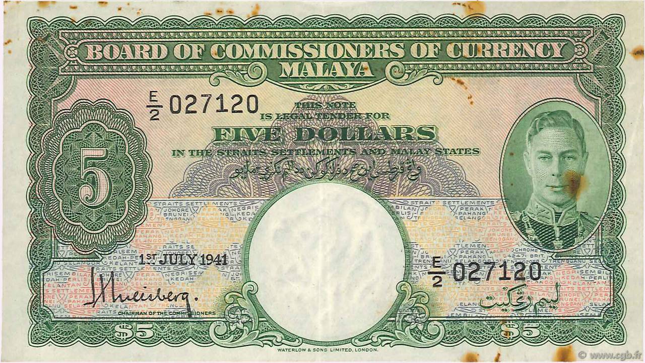 5 Dollars MALAYA  1941 P.12 BB