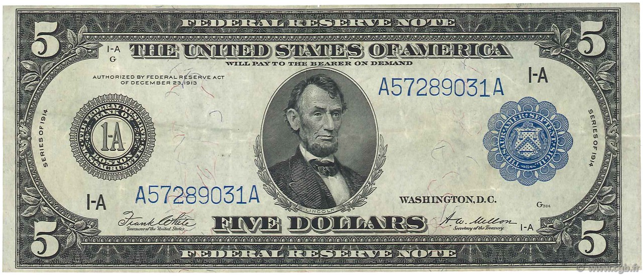 5 Dollars UNITED STATES OF AMERICA Boston 1914 P.359b VF+