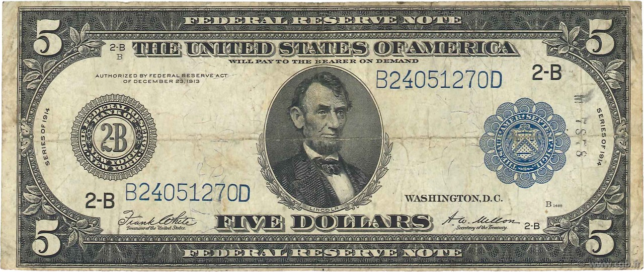 5 Dollars STATI UNITI D AMERICA New York 1914 P.359b q.MB