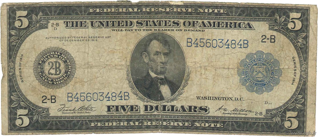 5 Dollars ÉTATS-UNIS D AMÉRIQUE New York 1914 P.359b B