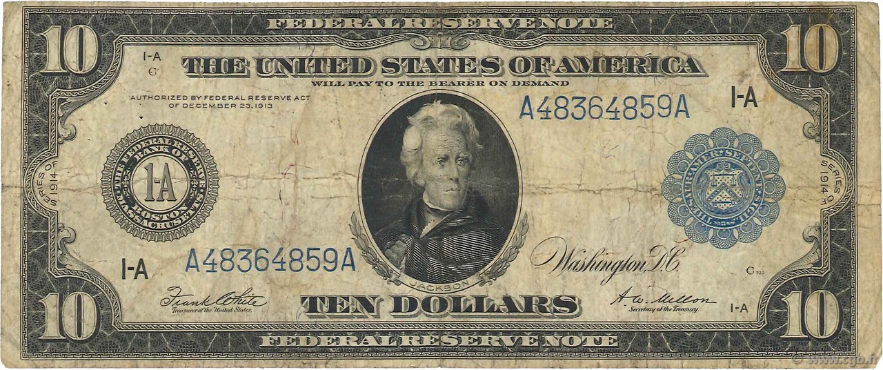 10 Dollars UNITED STATES OF AMERICA Boston 1914 P.360b VG