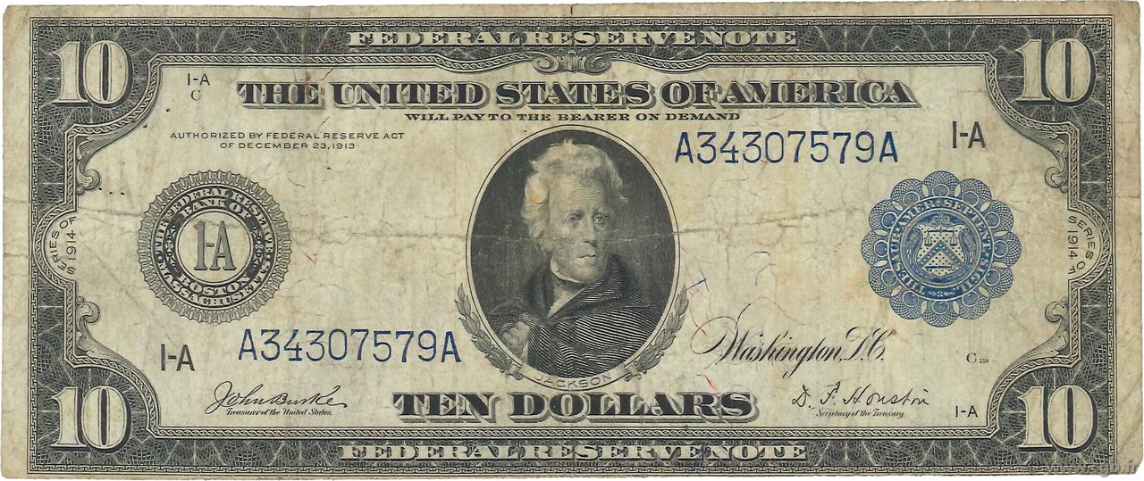 10 Dollars ÉTATS-UNIS D AMÉRIQUE Boston 1914 P.360b B+