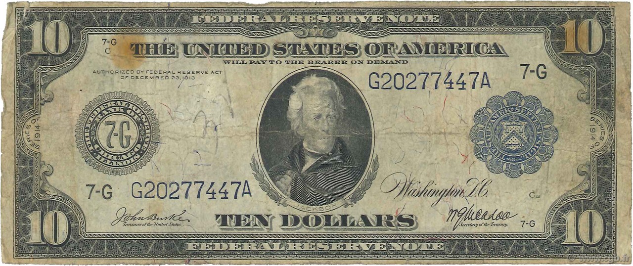 10 Dollars ÉTATS-UNIS D AMÉRIQUE Chicago 1914 P.360b B