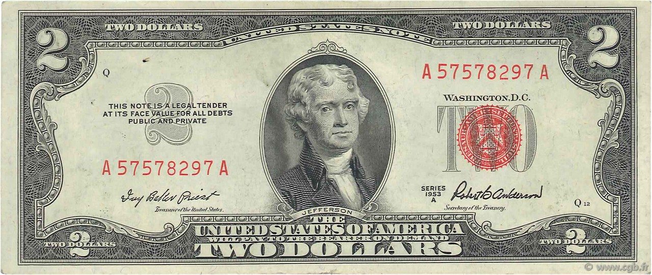 2 Dollars UNITED STATES OF AMERICA  1953 P.380a XF