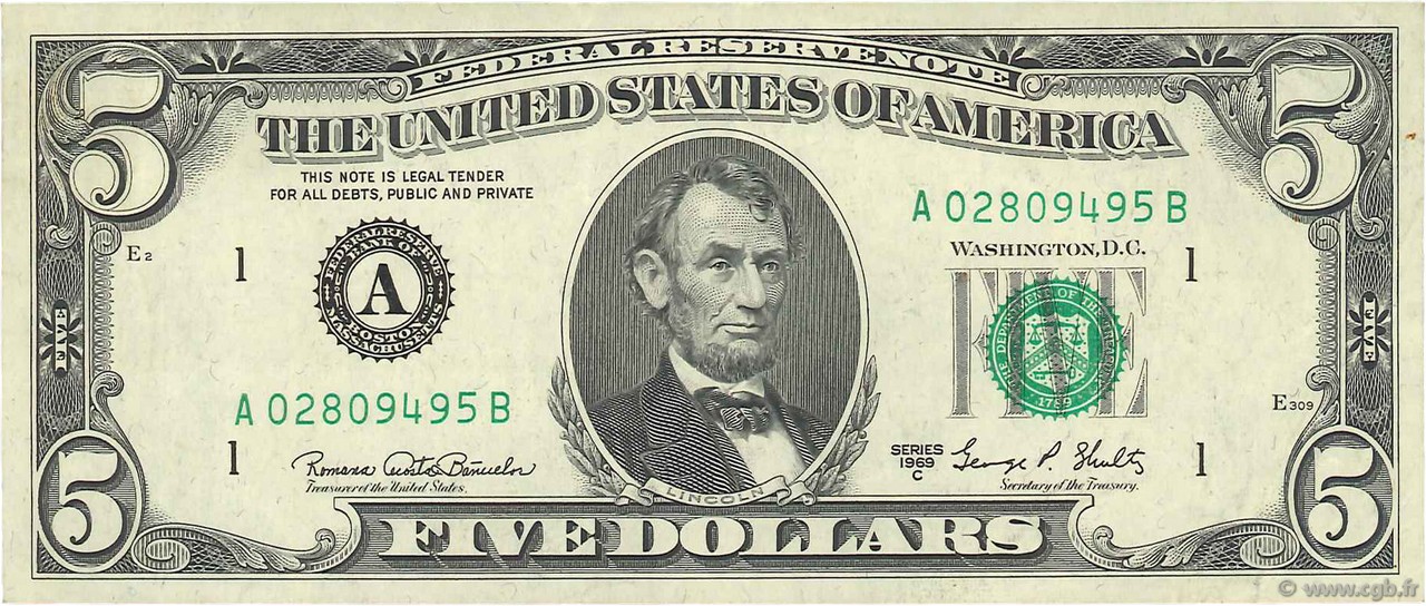 5 Dollars UNITED STATES OF AMERICA Boston 1969 P.450d VF