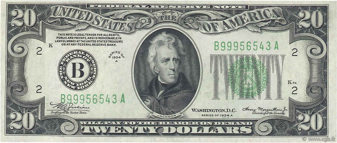 20 Dollars UNITED STATES OF AMERICA New York 1934 P.430Da AU