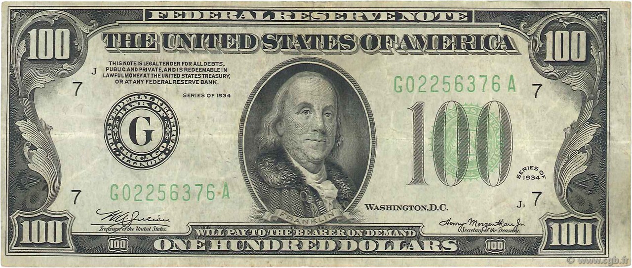 100 Dollars STATI UNITI D AMERICA Chicago 1934 P.433D q.BB