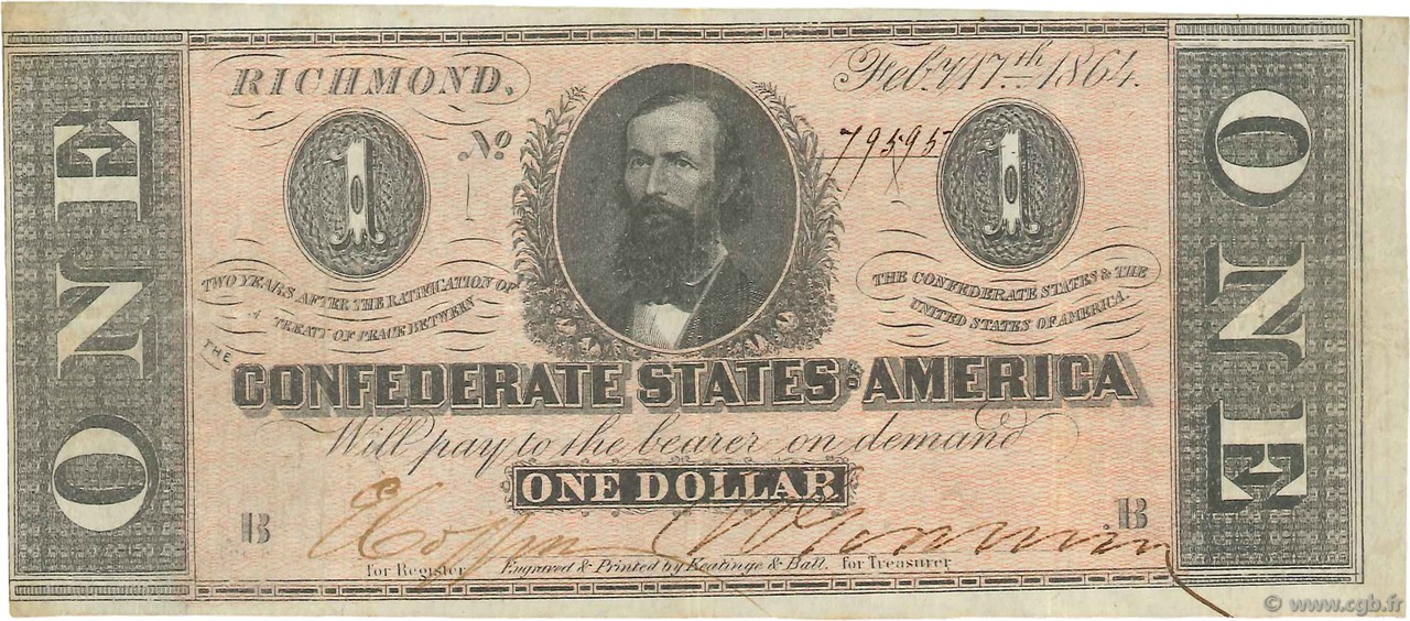 1 Dollar STATI CONFEDERATI D AMERICA  1864 P.65b BB