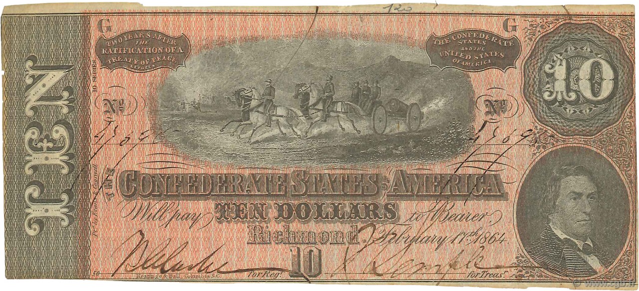 10 Dollars 美利堅聯盟國  1864 P.68 VF