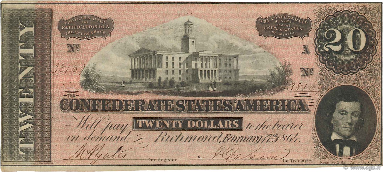 20 Dollars Гражданская война в США  1864 P.69 XF+