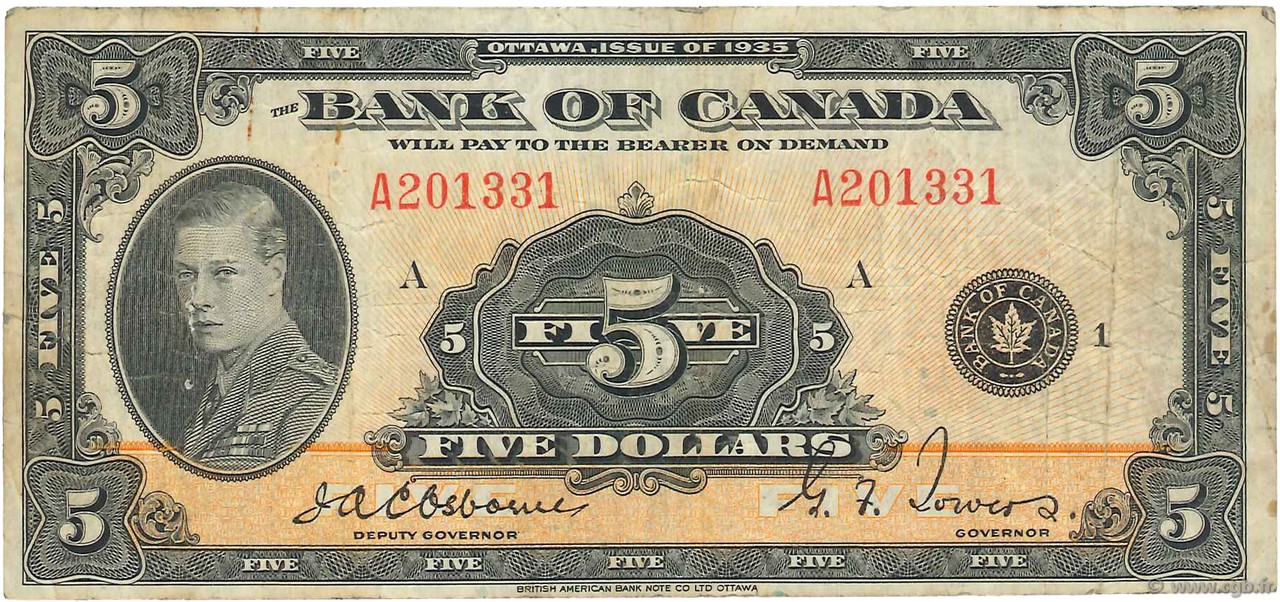 5 Dollars CANADá
  1935 P.042 BC