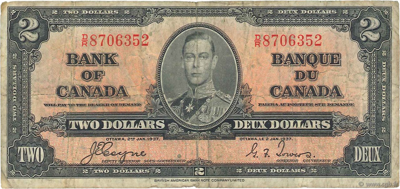 2 Dollars CANADA  1937 P.059c B+