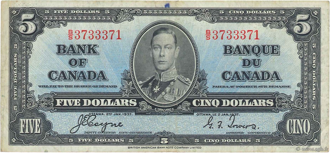 5 Dollars CANADA  1937 P.060c pr.TTB