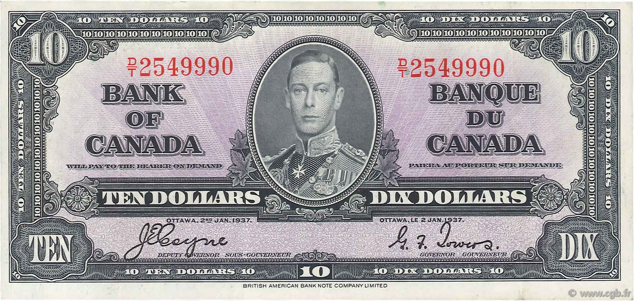 10 Dollars KANADA  1937 P.061c fVZ
