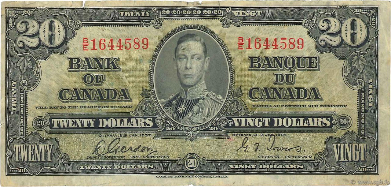 20 Dollars KANADA  1937 P.062b fS