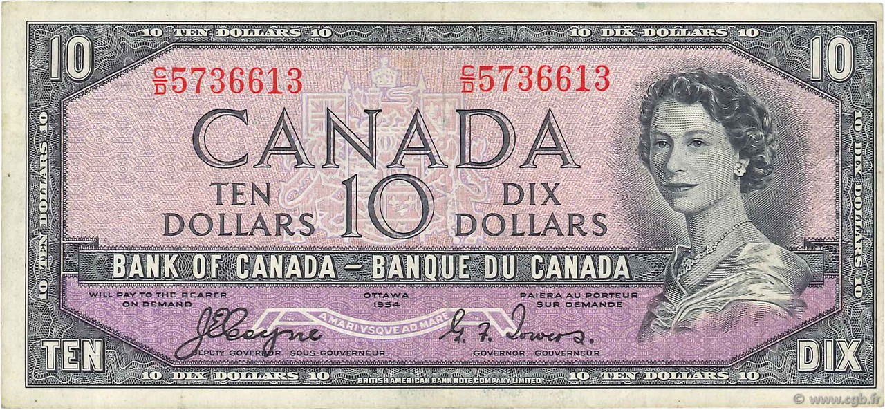 10 Dollars CANADA  1954 P.069a q.BB