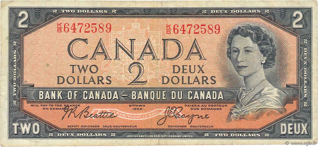 2 Dollars CANADá
  1954 P.076a BC+