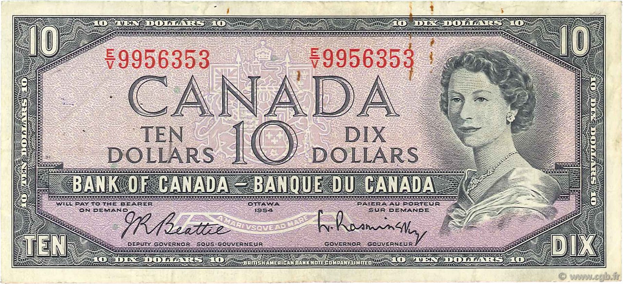10 Dollars CANADA  1954 P.079b F - VF