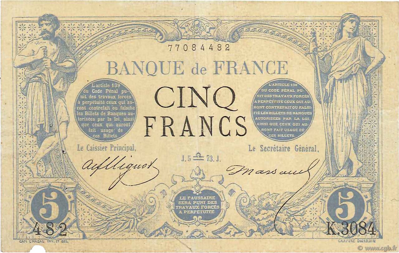 5 Francs NOIR FRANCE  1873 F.01.22 VF